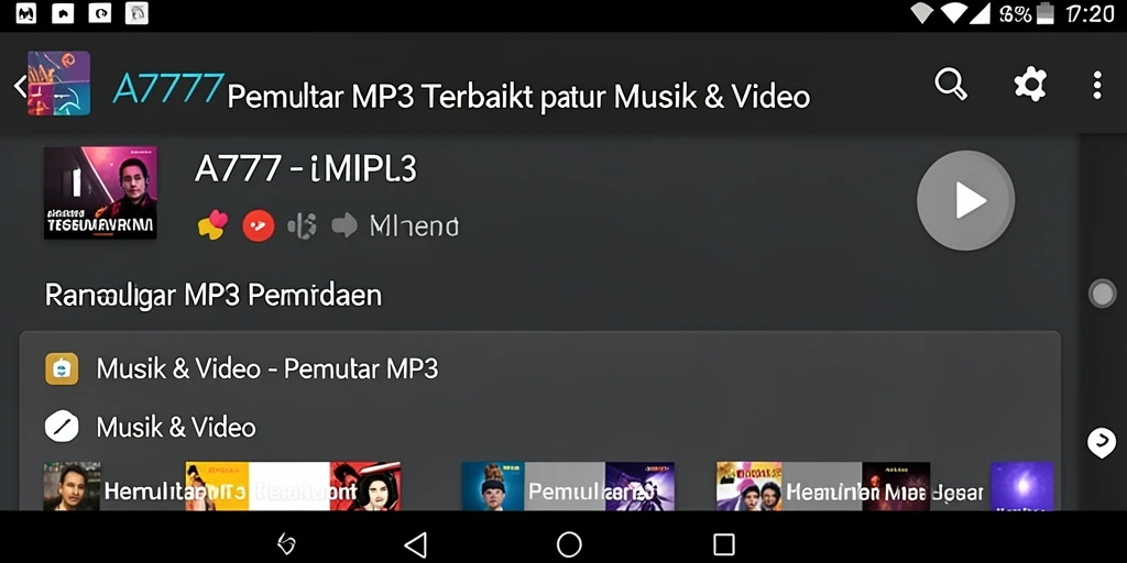 Tampilan antarmuka aplikasi Pemutar MP3 A7777 yang sederhana dan elegan.