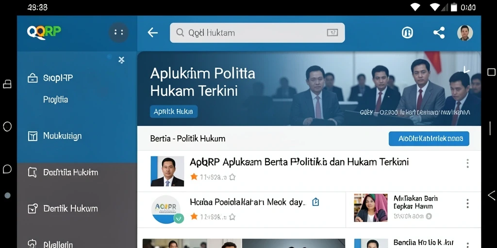 Antarmuka aplikasi QQRP dengan berita politik dan hukum terkini.