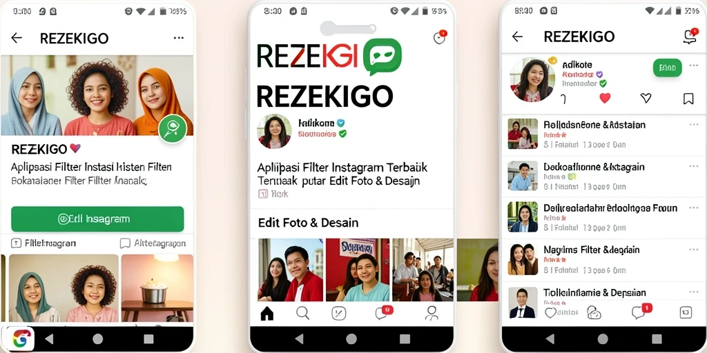 Tampilan antarmuka REZEKIGO dengan efek filter Instagram.